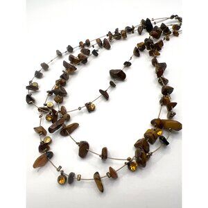Tiger Eye Illusion 18" Necklace Golden Rhinestones Copper Tone Wire  Statement